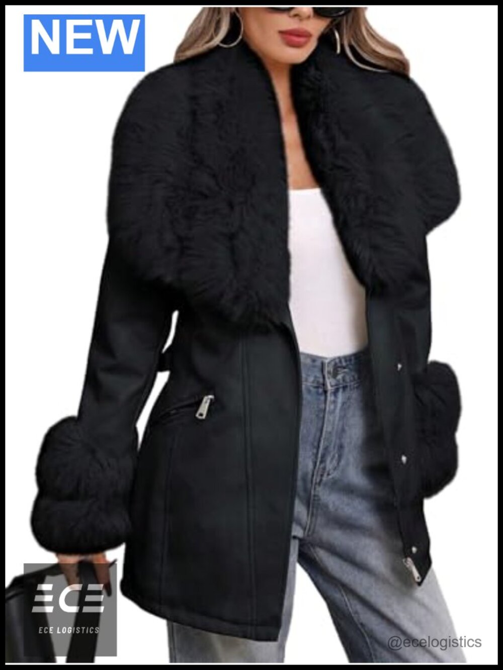 Faux Leather Furry Belted Mid-Length Winter Jacket